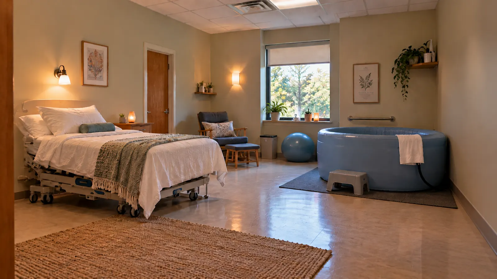 Birth center room with a hospital-style bed, inflatable birthing tub, rocking chair, and natural light.